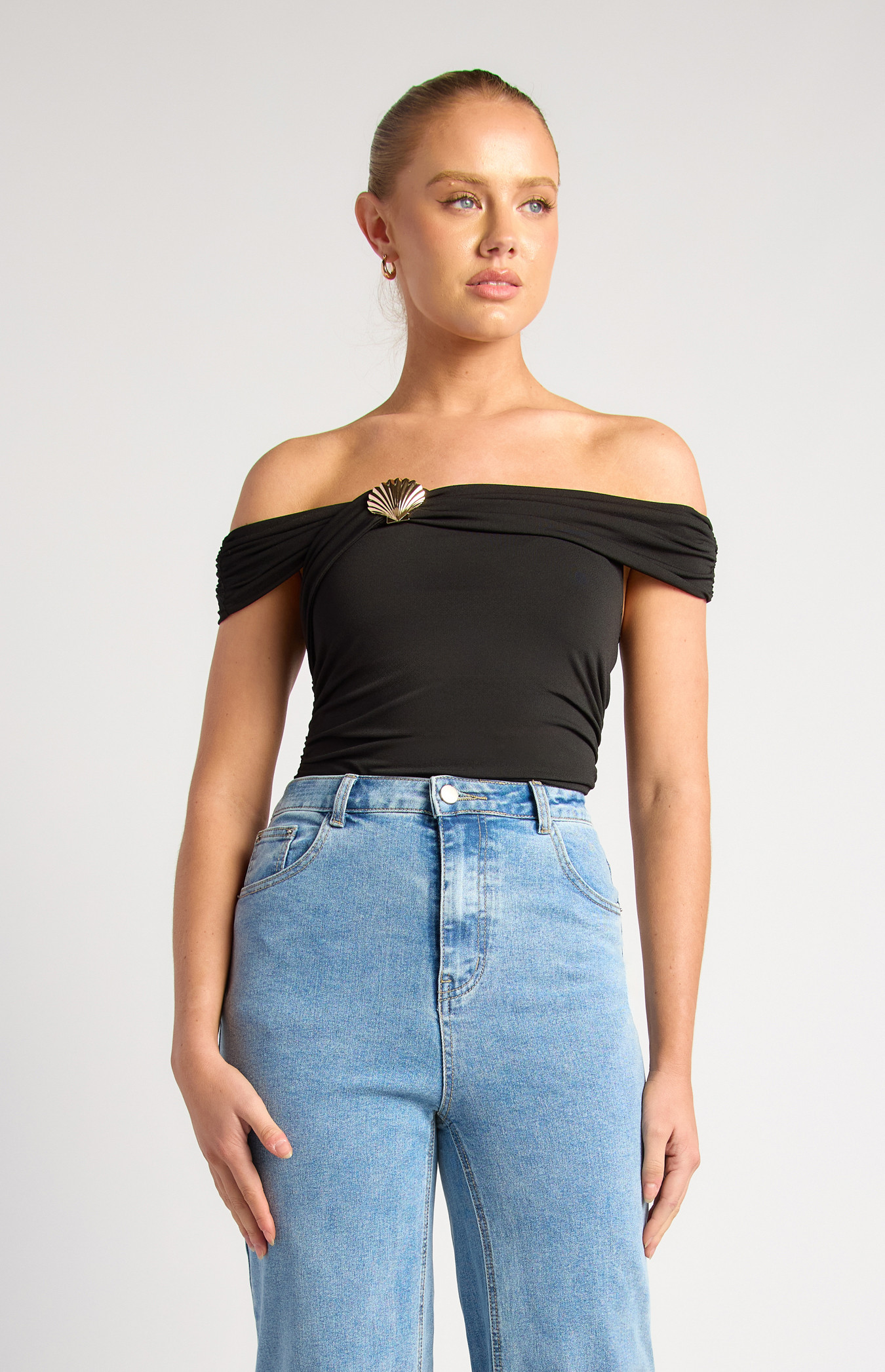 Off Shoulder Bodysuit With Detachable Gold Seashell Buckle (WTO730B) 