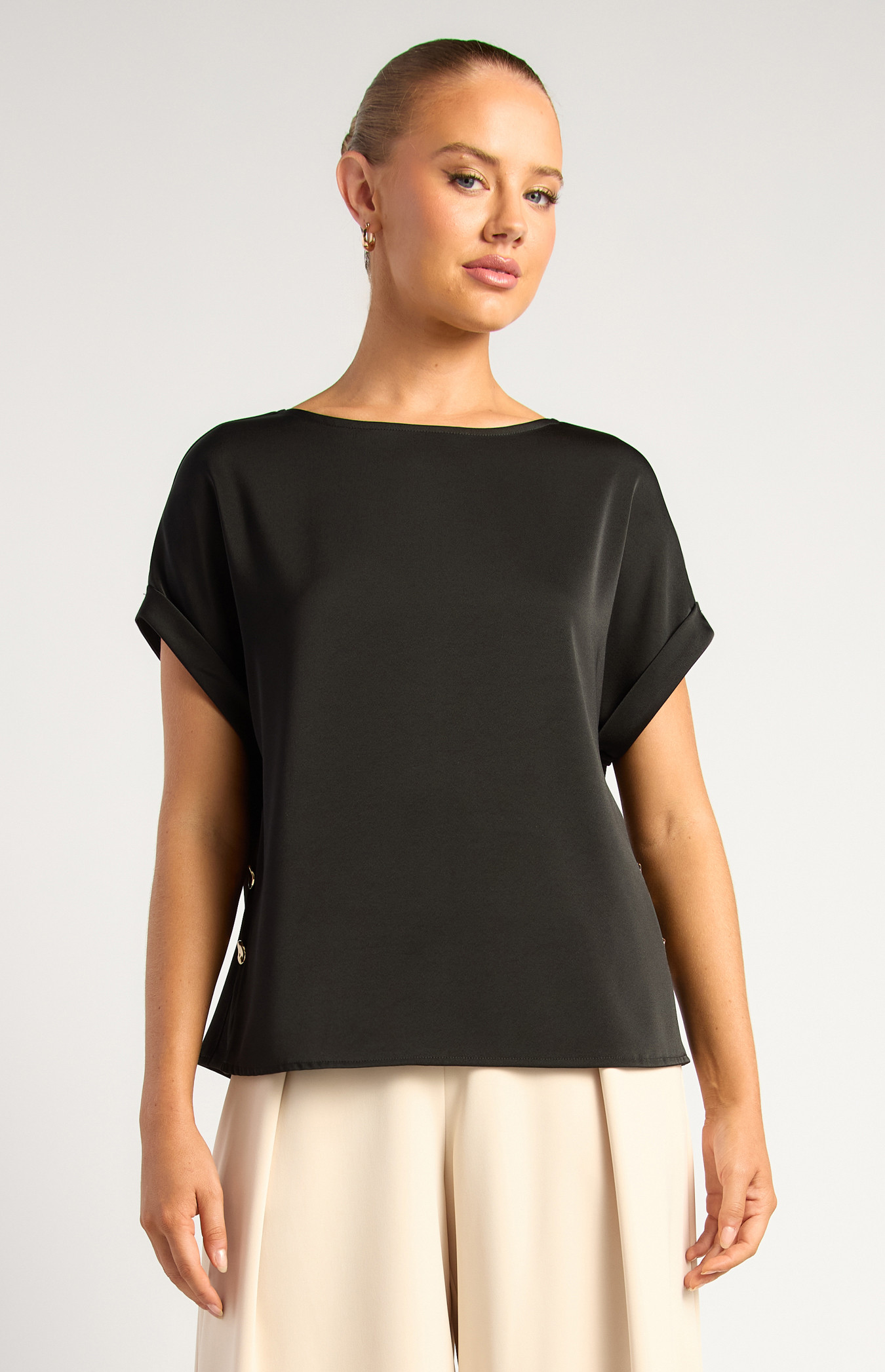 Side Split Gold Organic Button Detail Sateen Top (WTO761B)