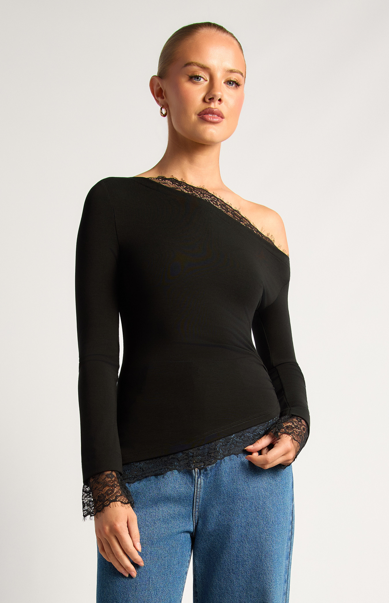 Asymmetric Neckline Lace Trim Detail Jersey Top (WTO788B)