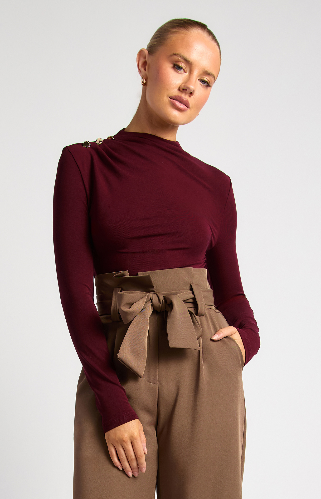 Mock Neckline Gold Button Details Jersey Top (WTO796B)