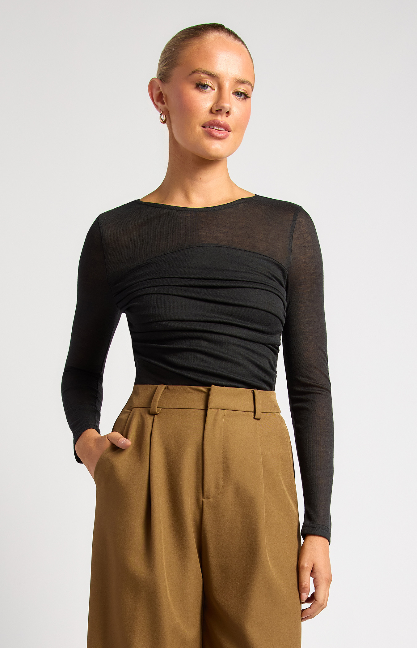 Ruched Detail Bodice Sheer Top (WTO825B)
