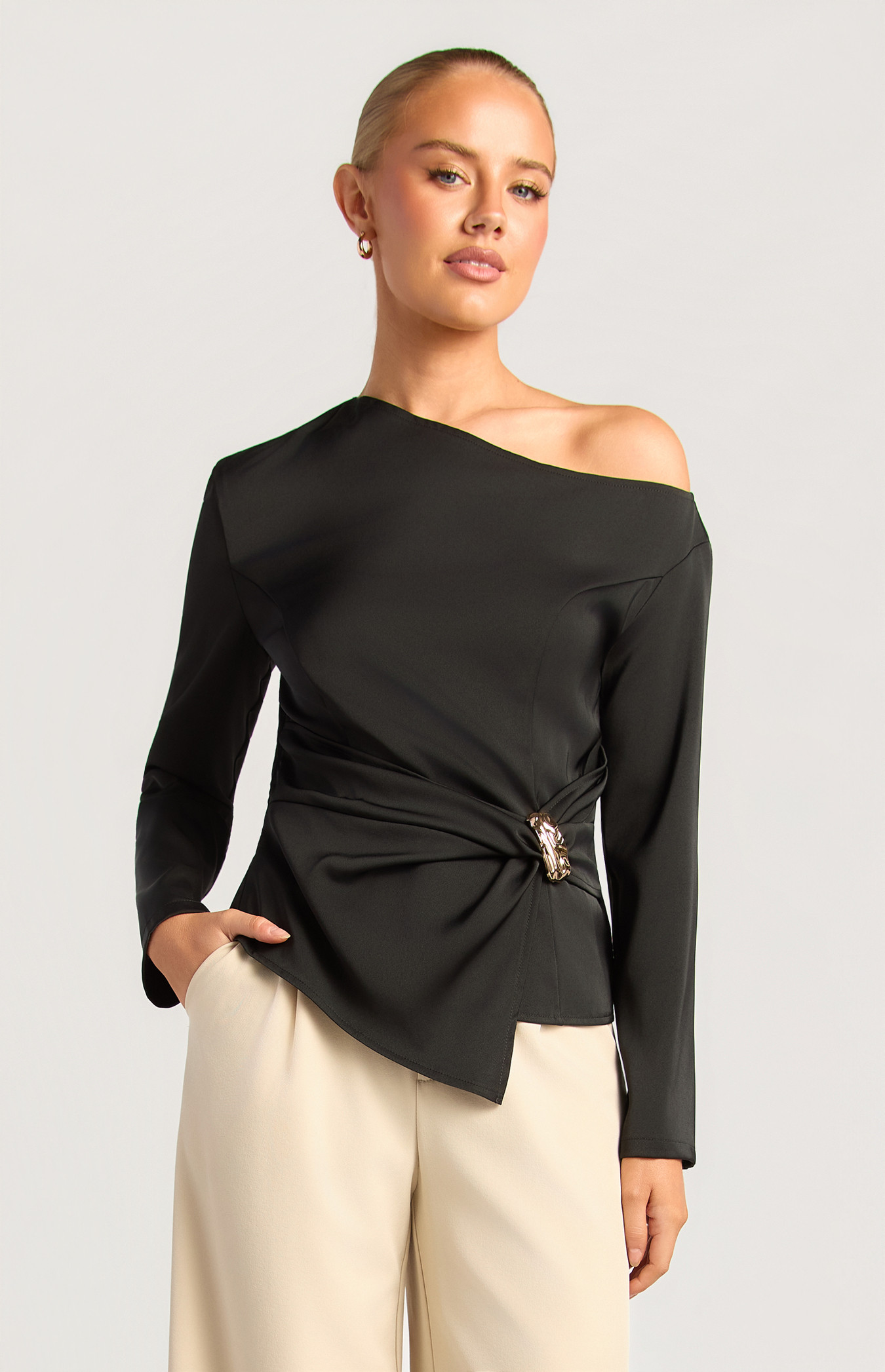 Asymmetric Neckline Long Sleeve Top With Front Panel And Gold Buckle Detail (WTO826B)