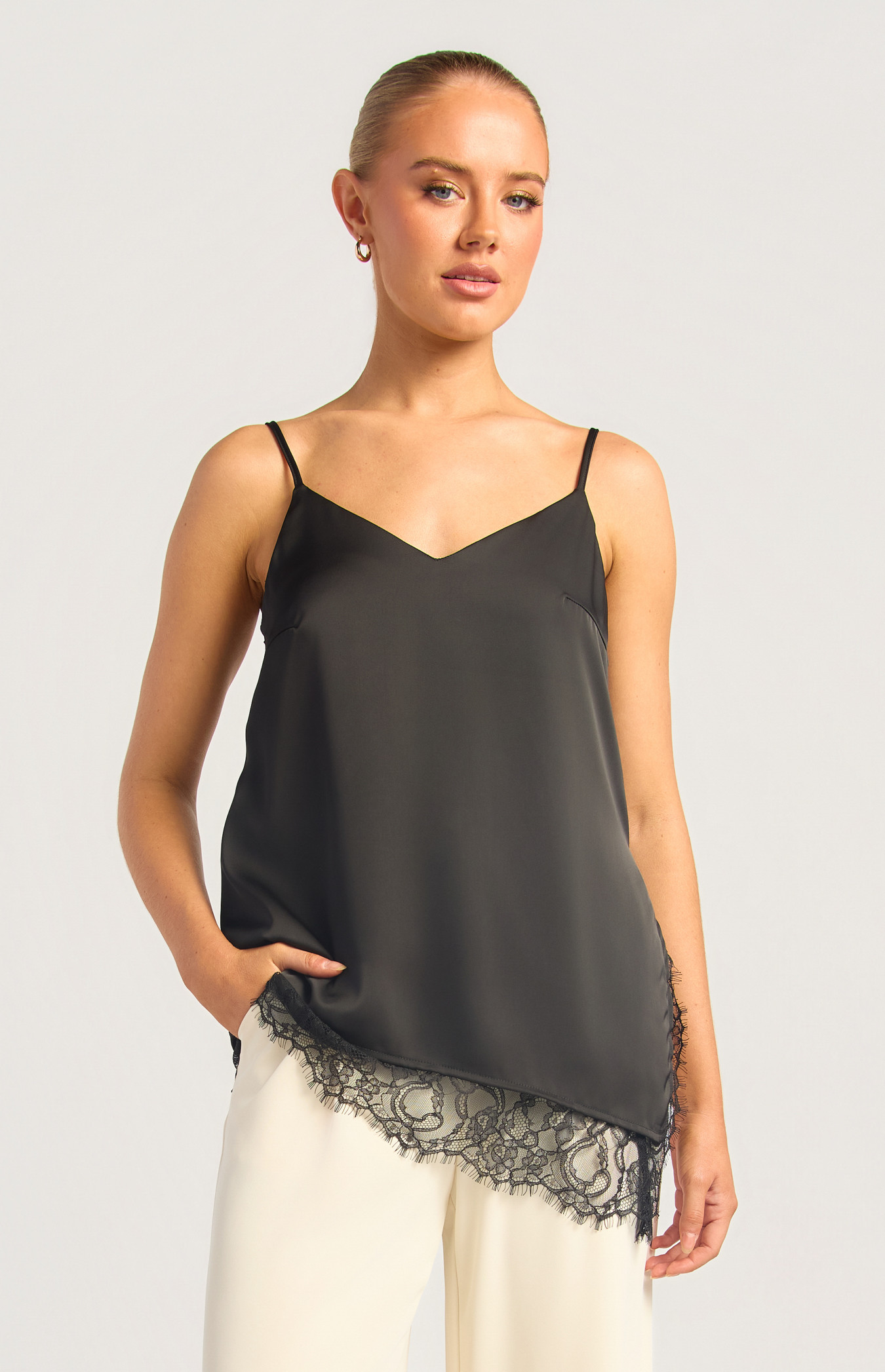 Asymmetrical Lace Trim Satin Top (WTO854B)