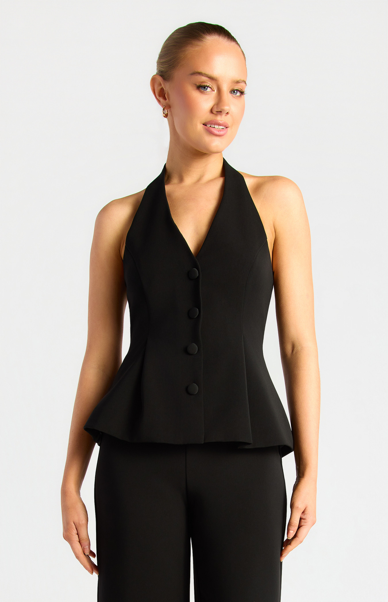 Halter Neck Front Buttons Peplum Vest Top (WTO868B)