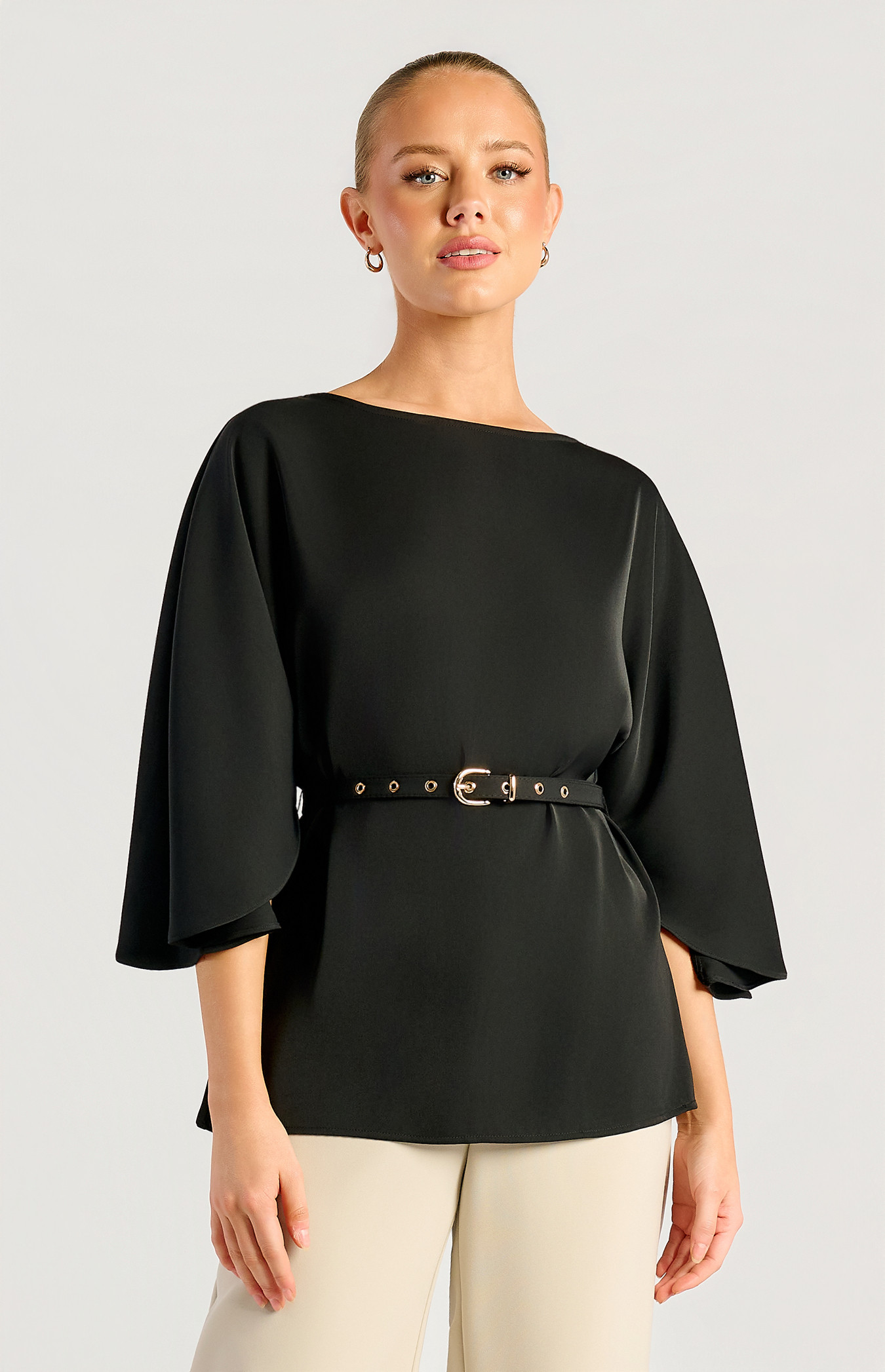 Cape Sleeves Boat Neckline Top With Belt Featured (WTO893B)